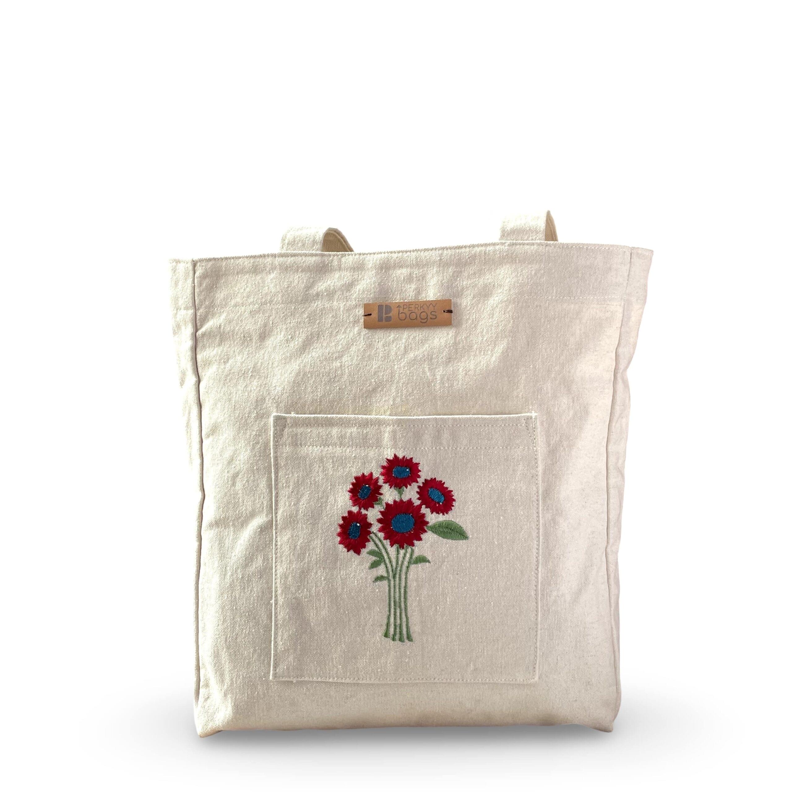 Red Flower Embroidered Tote Bag