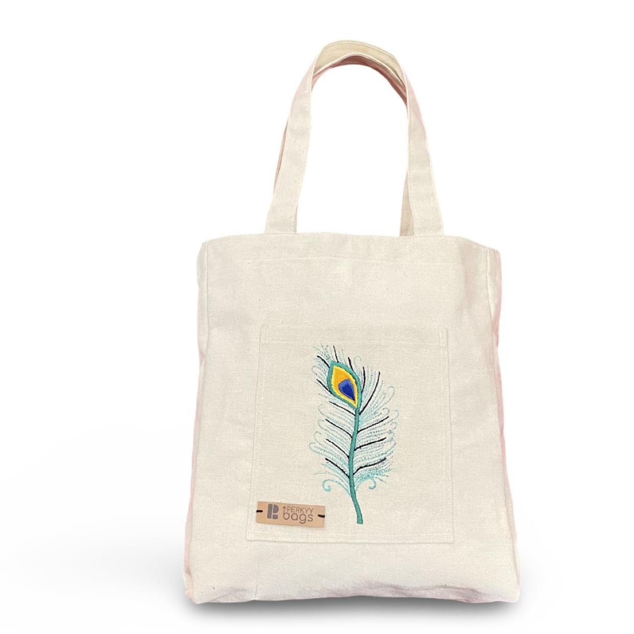 Peacock Feather Embroidered Tote Bag